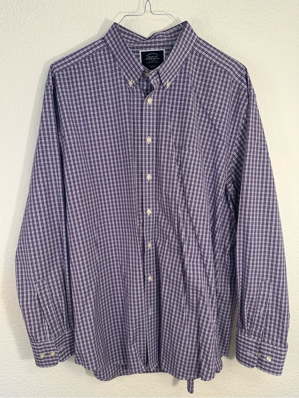Charles Tyrwhitt Non Iron Dress Shirt Men’s XXL Classic Fit Purple Blue Checker